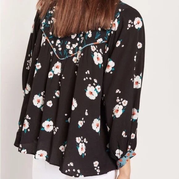 Ba&sh Floral Smock Blouse Bright Black V Neck 3/4 Length, Size 3 / 10 / L - Picture 2 of 12